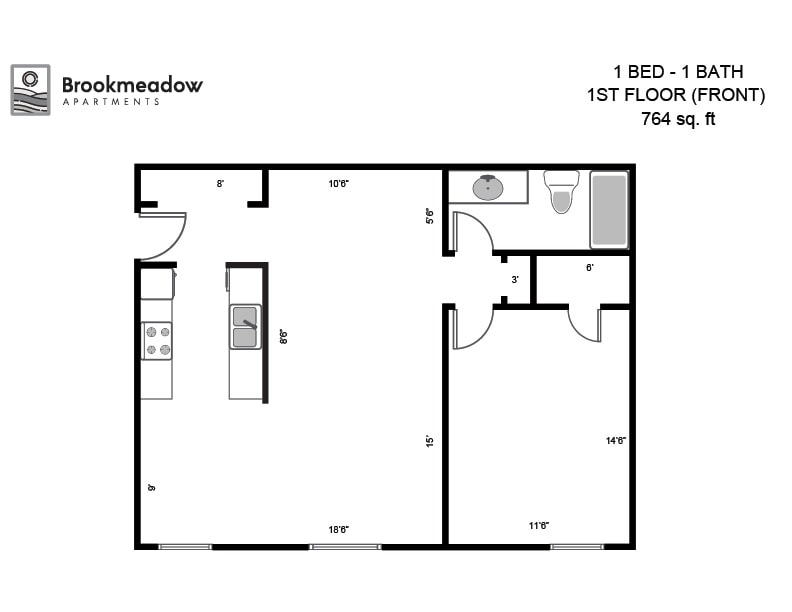 Floor Plan - 1 Bed, 1 Bath - 764 sq ft
