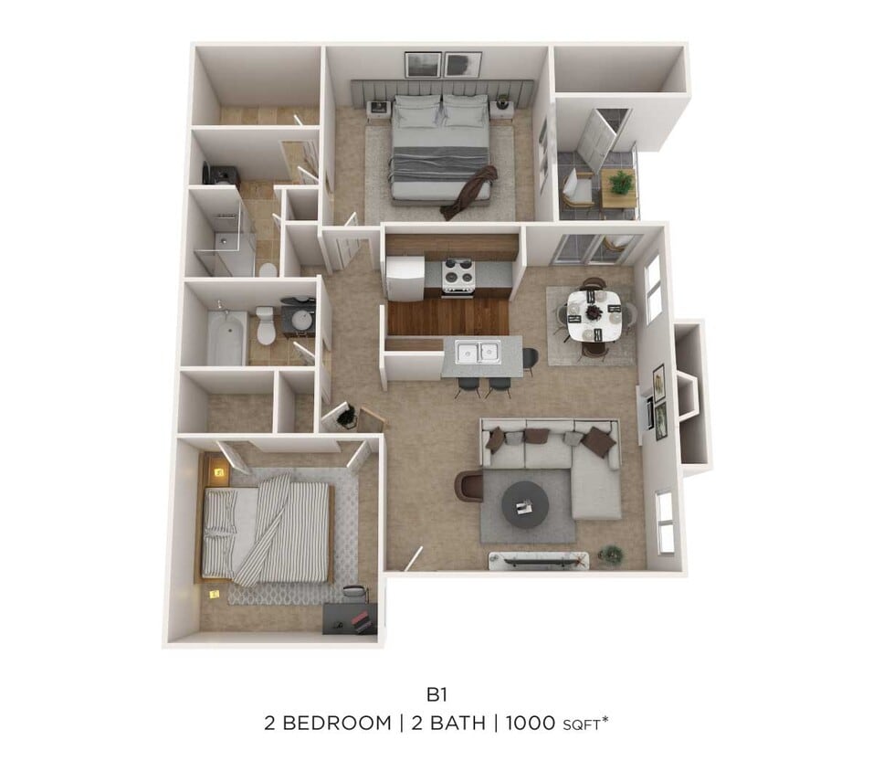 Floor Plan - Two Bedroom 2 Bath- 1000 sqft