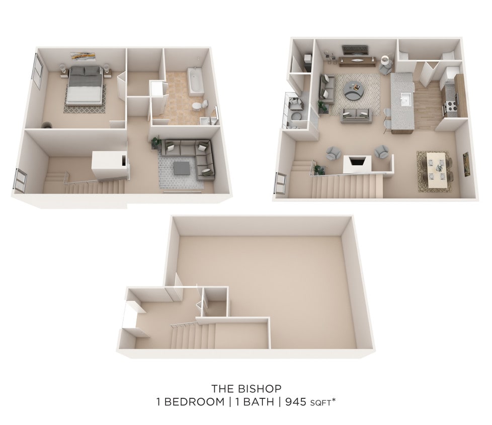 Floor Plan - One Bedroom Townhome - 945 sqft