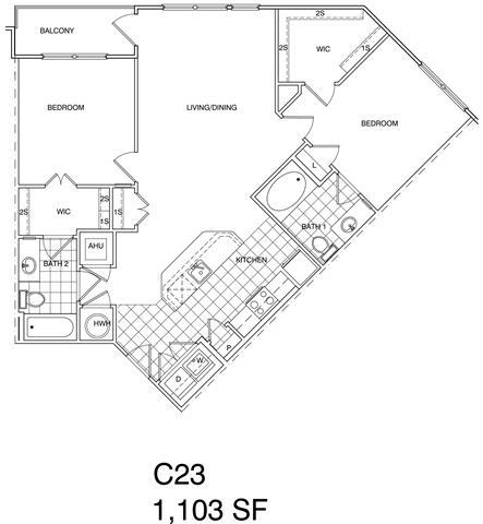 Floor Plan - 2 Bedroom, 2 Bath 1103 SF KC23