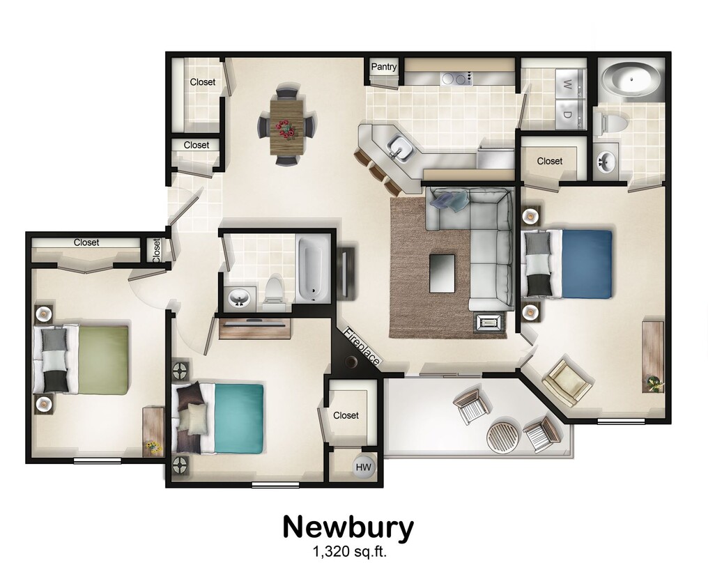 Floor Plan - 3 Bedroom 2 Bath with Balcony or Patio Newbury