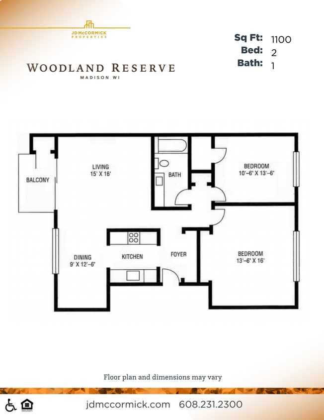 Floor Plan - 2 Bed, 1 Bath with Balcony