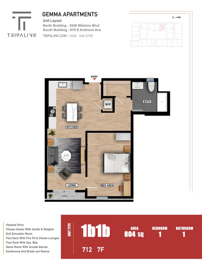 Floor Plan - 1 Bed 1 Bath - 804 sqft