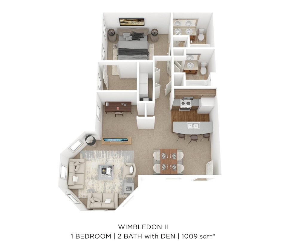 Floor Plan - One Bedroom 2 Bath - Wimbledon II - 1,009 sqft