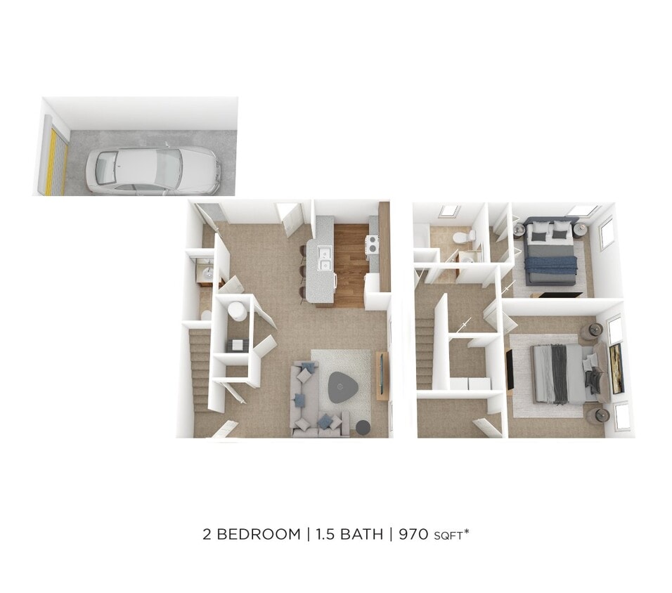 Floor Plan - Two Bedroom 1.5 Bath- 970 sqft