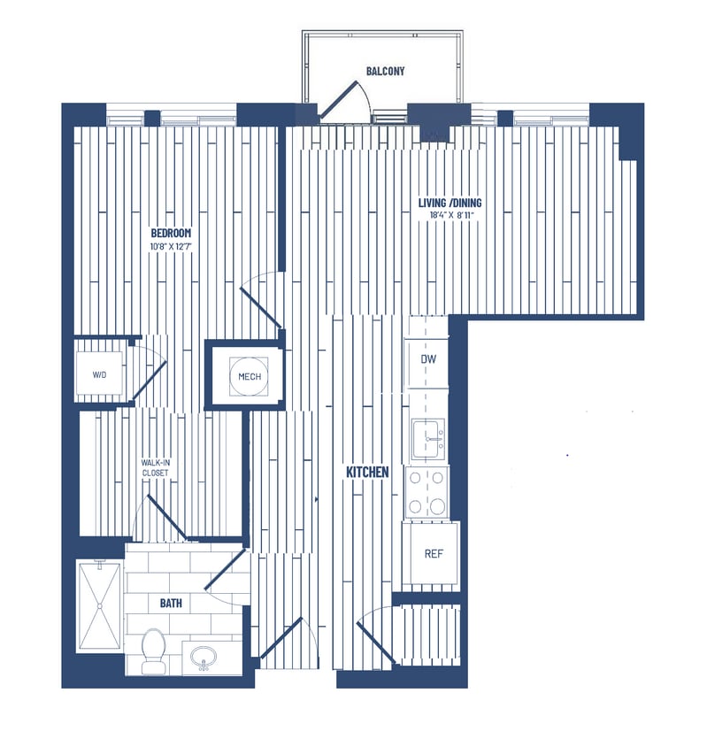 Floor Plan - 1 Bed/1 Bath-H1B-Balcony