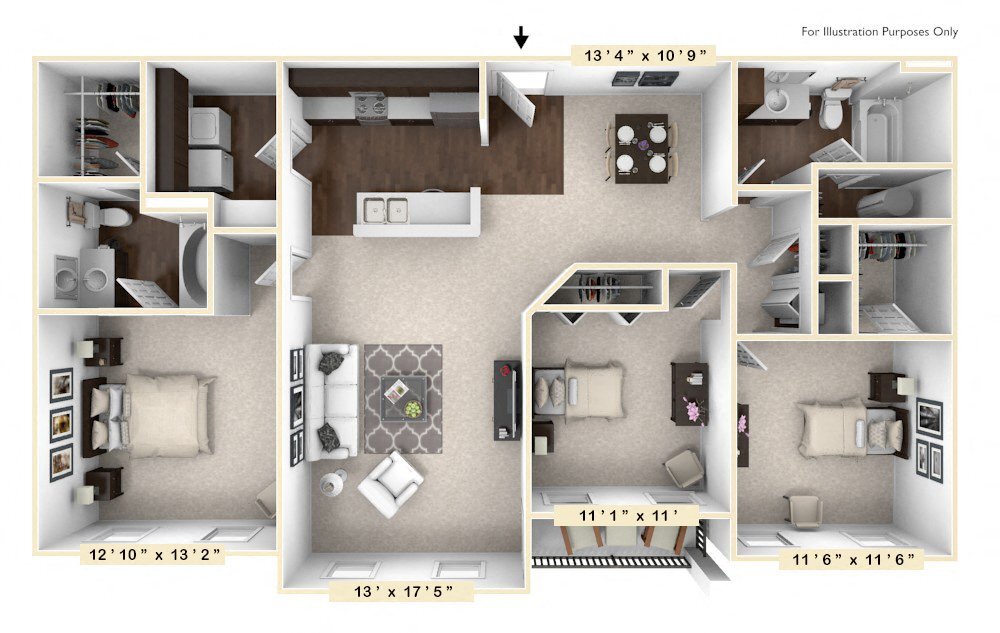 Floor Plan - The Burgundy 3 BR 2 BA