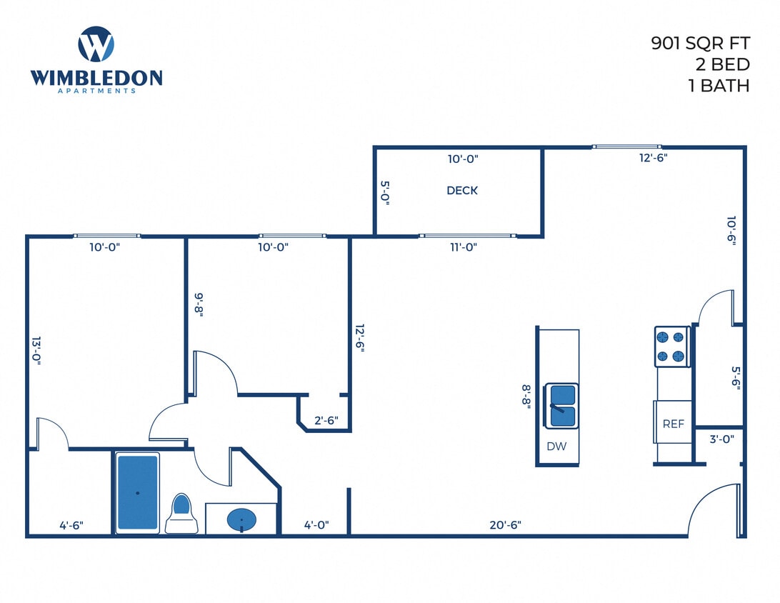 Floor Plan - 2 Bed, 1 Bath - 901 sq ft