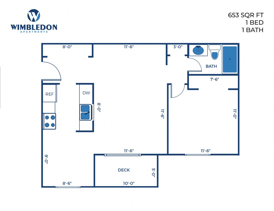 Floor Plan - 1 Bed, 1 Bath - 653 sq ft