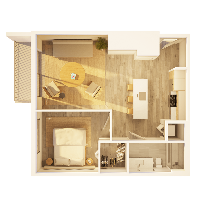 Floor Plan - West 1 BR Balcony Sunset A