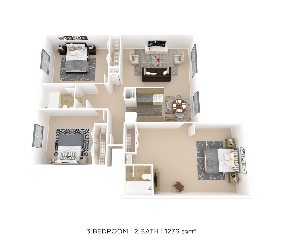 Floor Plan - Three Bedroom 2 Bath- 1,276 sqft