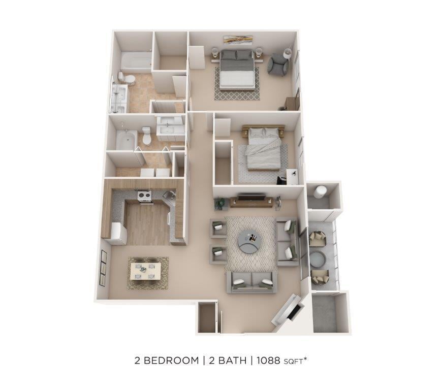 Floor Plan - Two Bedroom 2 Bath - 1,088 sqft