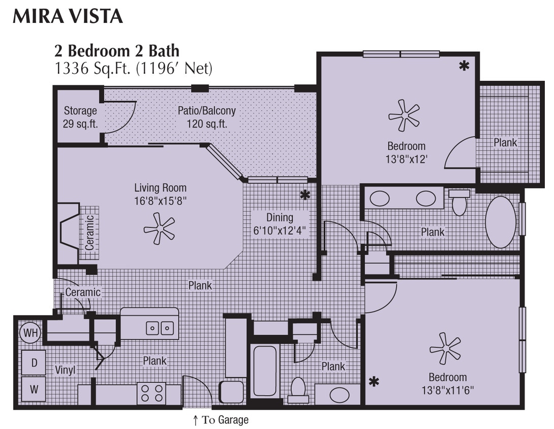 Floor Plan - 2 Bed 2 Bath 1336 SqFt Garage (1196 Net)
