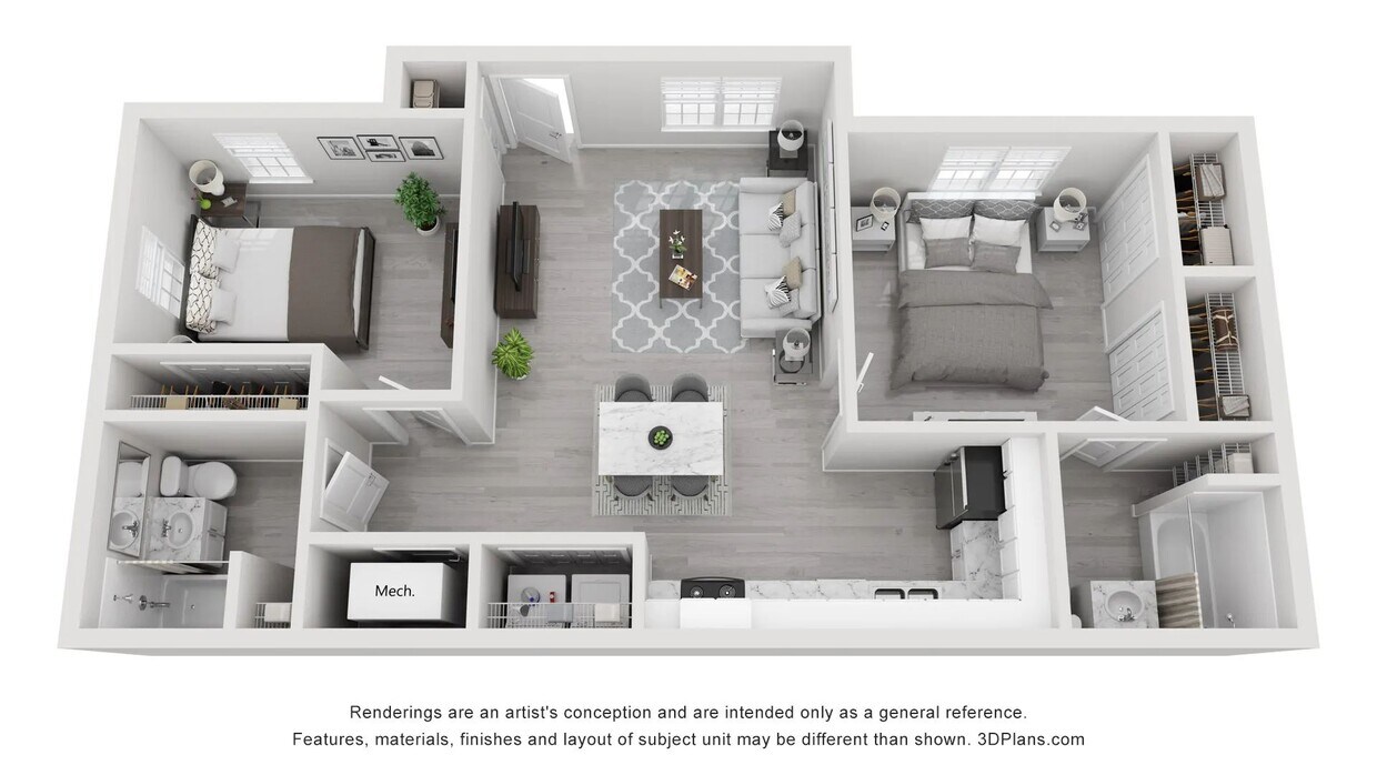 A 3D rendering of The Amick, our 2 bedroom 2 bathroom floor plan - The Amick
