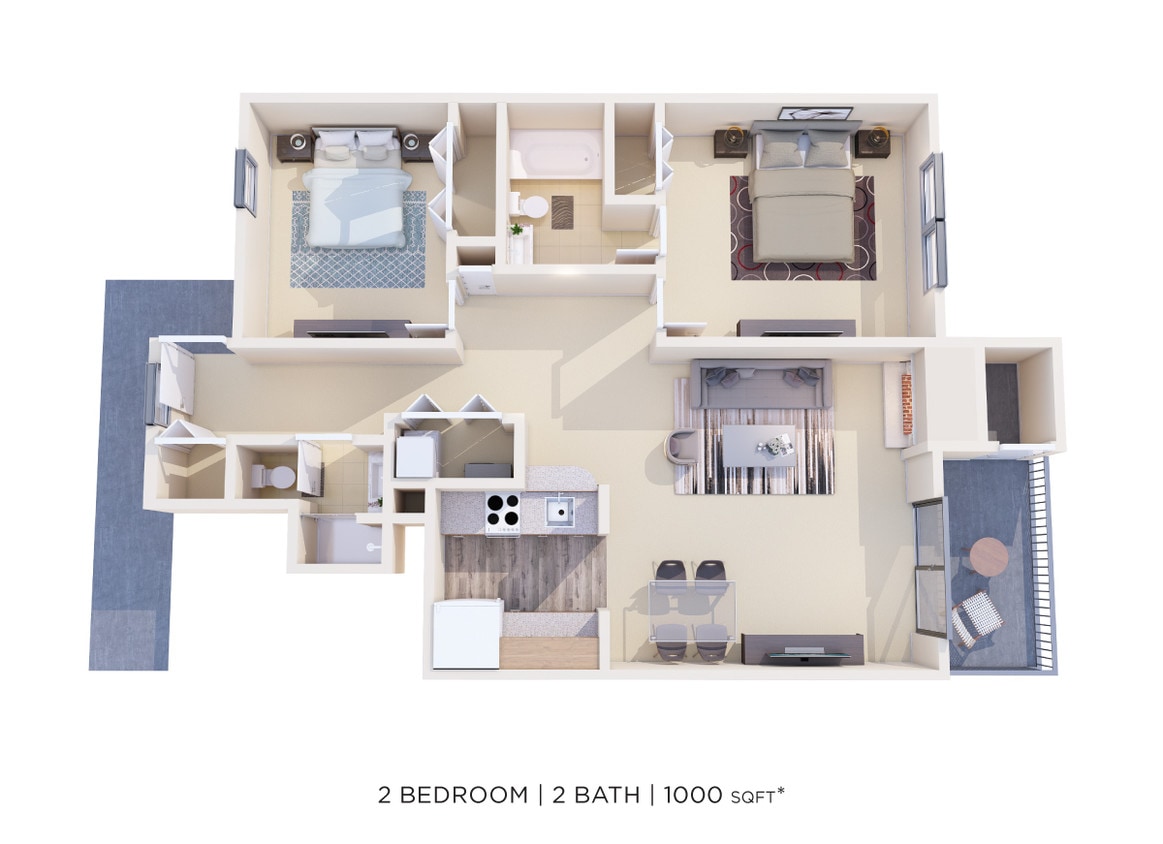 Floor Plan - Two Bedroom 2 Bath - 1,000 sqft