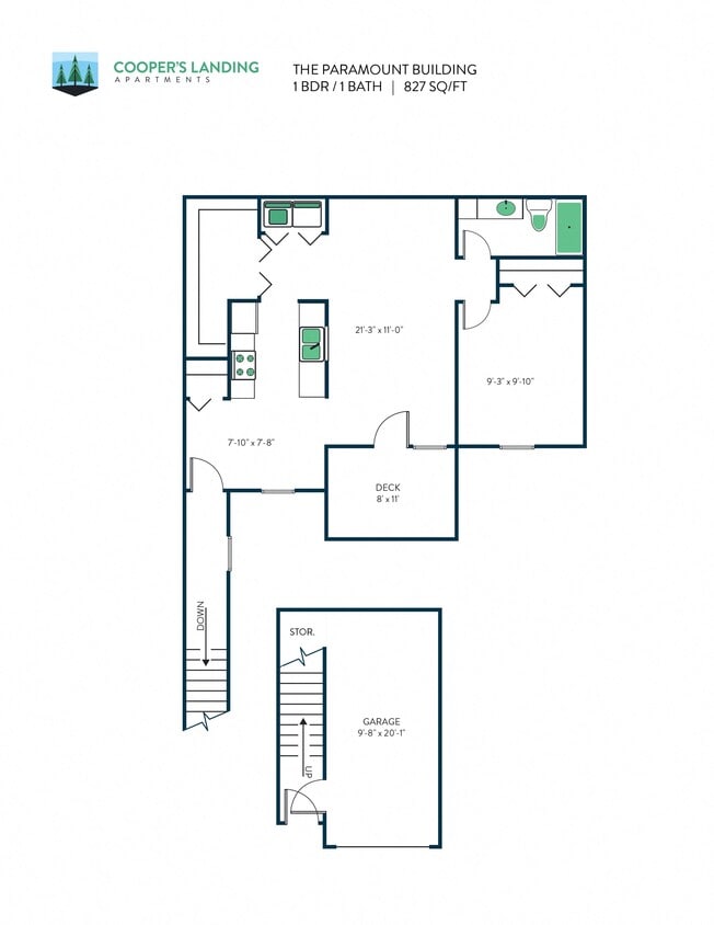 Floor Plan - 1 Bed, 1 Bath - 827 sq ft