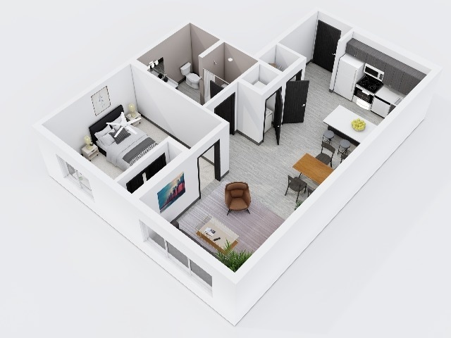 City Scape 1A3 is a spacious open concept one bedroom floor plan that features modern finishes and an in-unit washer and dryer. - City Scape 1A3