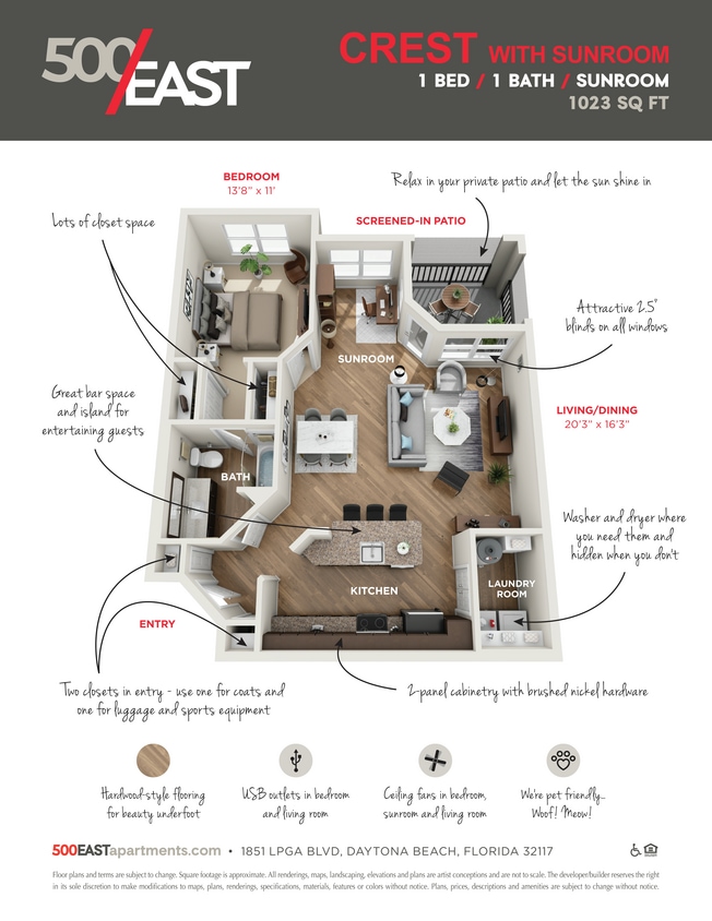 500EAST-floorplan-CREST-SUNROOM.jpg - A3 Crest with Sunroom - One Bedroom, One Bathroom
