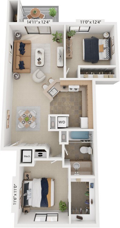 Floor Plan - Front-to-Back Two Bedroom