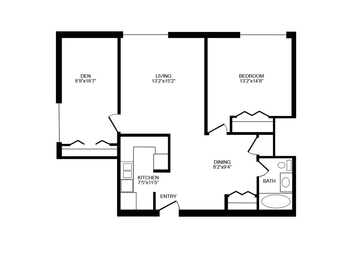 Floor Plan - 1 Bed, 1 Bath + Den Lower (F)