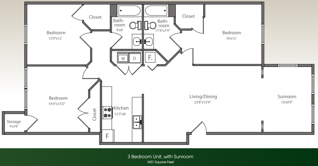 3BR/2BA w/Sunroom sqft 1451 - 3x2-1451
