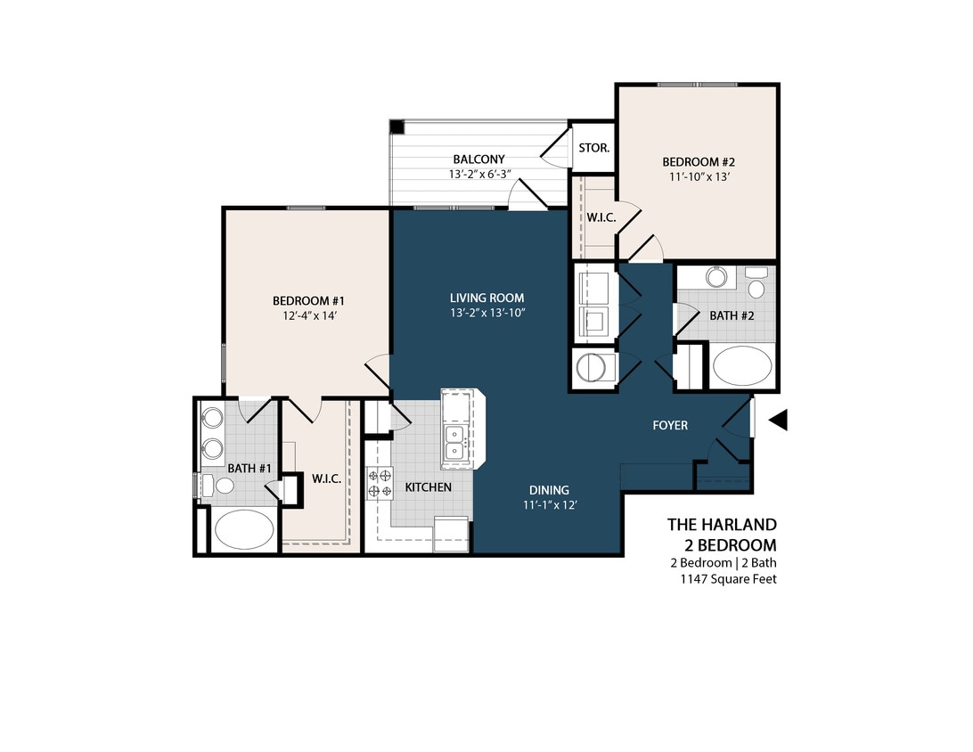 Floor Plan - 2 Bed 2 Bath - 1,147 Sq. Ft.