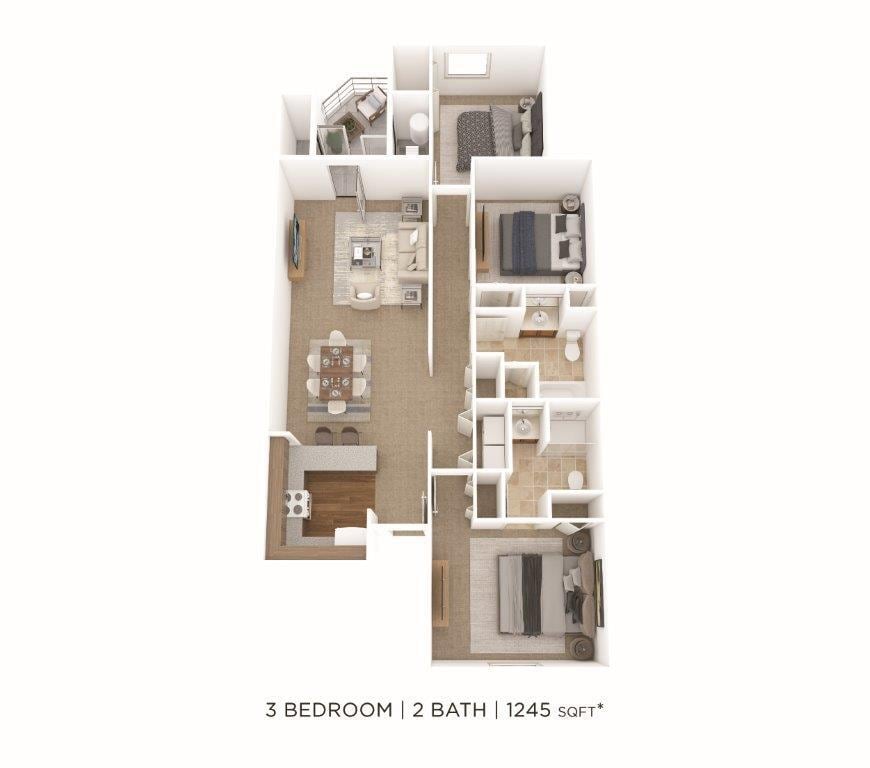 Floor Plan - Three Bedroom 2 Bath- 1245 sqft