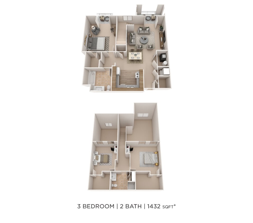 Floor Plan - Three Bedroom 2 Bath- 1432 sqft