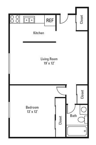Floor Plan - 1 Bedroom, 1 Bath 650 sq. ft.
