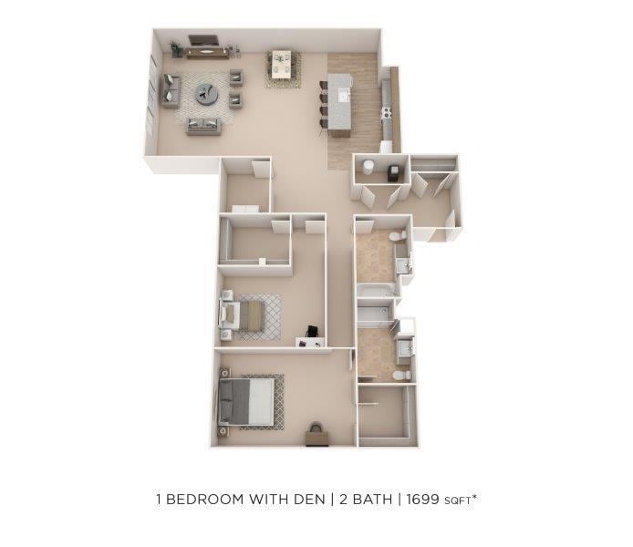 Floor Plan - One Bedroom 2 Bath w/ Den-1699 sqft