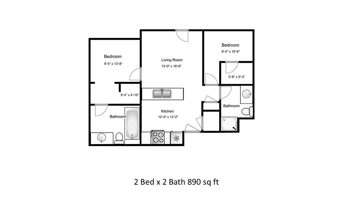 2 Bed x @Bath 890 sqft - 2x2 A