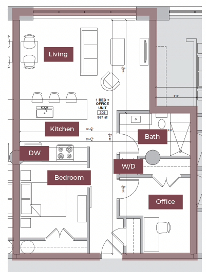 Floor Plan - 1BR + Office/Den Floor Plan L | Lofts South