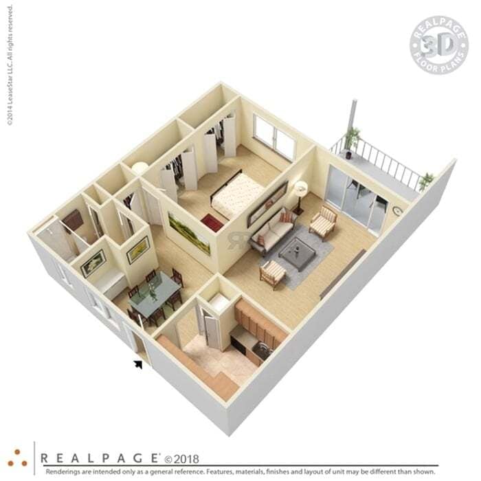 Modern 3D floor plan with a cozy bedroom, stylish living room, elegant dining area, and a compact kitchen, complete with a private balcony. - 1e1 - Bermuda