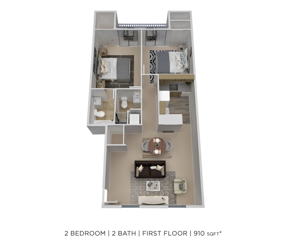 Floor Plan - Two Bedroom 2 Bath - 910 sqft