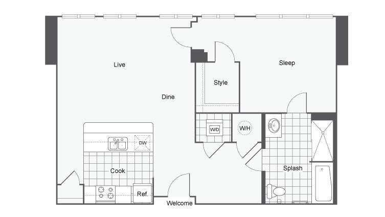 Bellevue 1/1 Floor Plan - The Bellevue