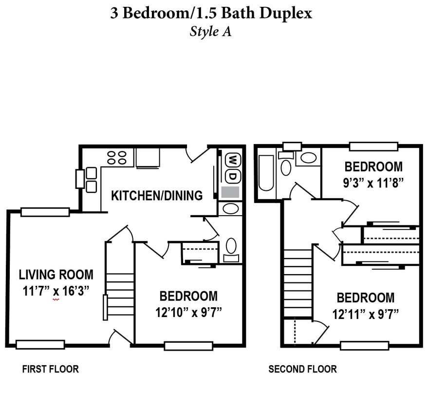Floor Plan - 3 Bedroom, 1.5 Bath Duplex 1,200SqFt