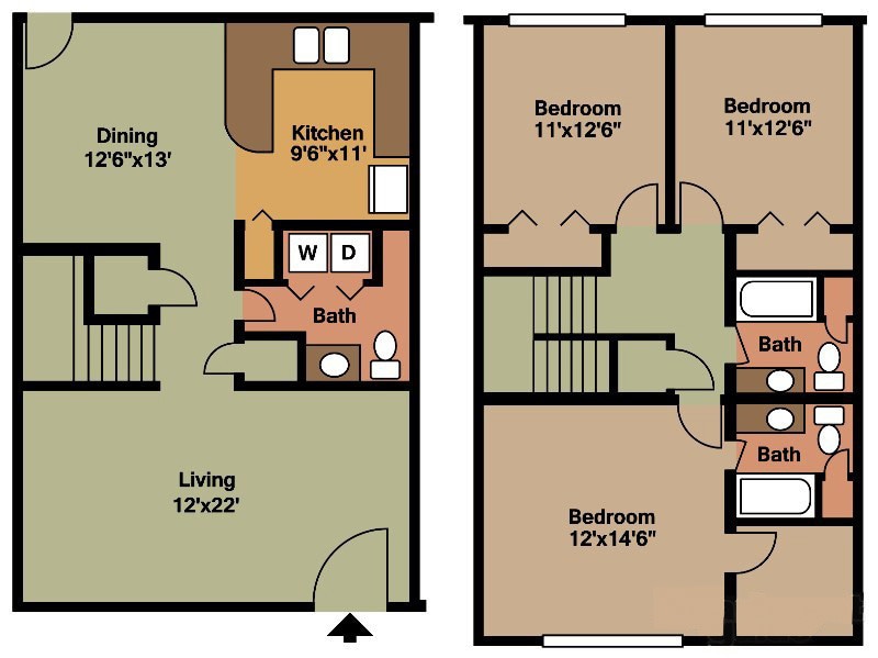 Floor Plan - Three Bedroom 2 .5 Bath TH