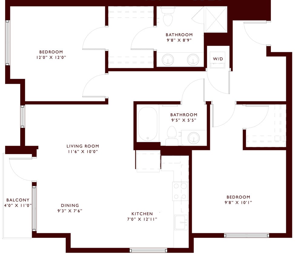 Explore this elegant 2-bedroom apartment layout with a stylish living room and kitchen, perfect for comfortable living. - B1