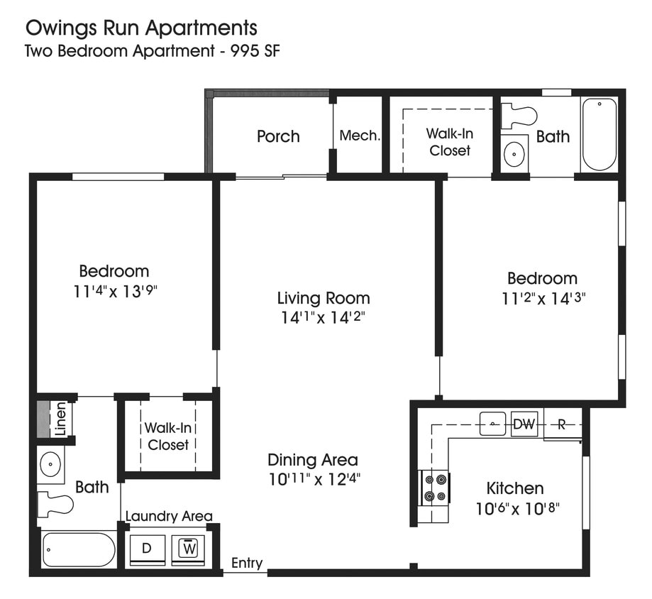 Floor Plan - 2BR 2BA (995sf)