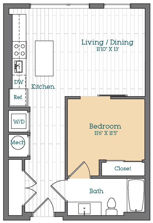 Floor Plan - 1 Bed - 1 Bath | AJ2
