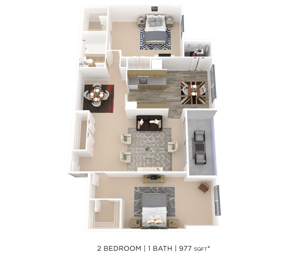 Floor Plan - Two Bedroom 1 Bath - 977 sqft