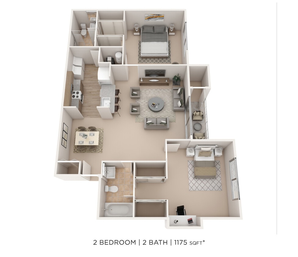 Floor Plan - Two Bedroom 2 Bath - 1,175 sqft