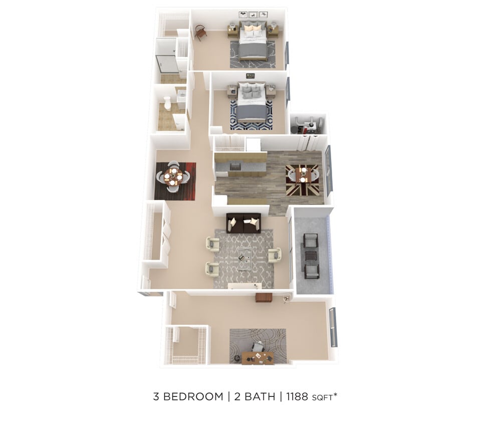 Floor Plan - Three Bedroom 2 Bath - 1,181 sqft