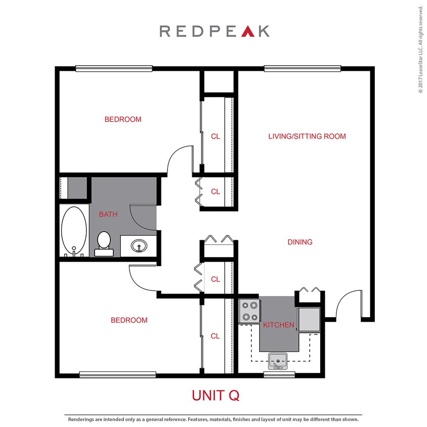 Floor Plan - B2 - 2 Bed / 1 Bath (905 sf)
