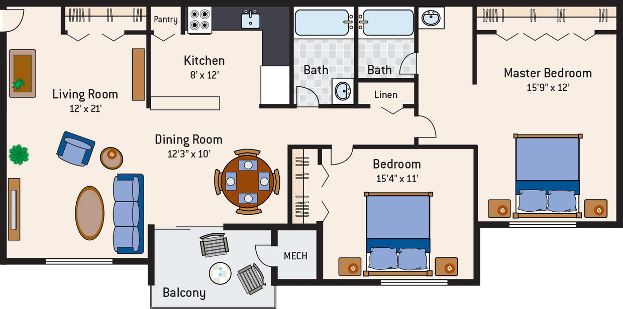 Floor Plan - 2 Bedroom 2 Bath