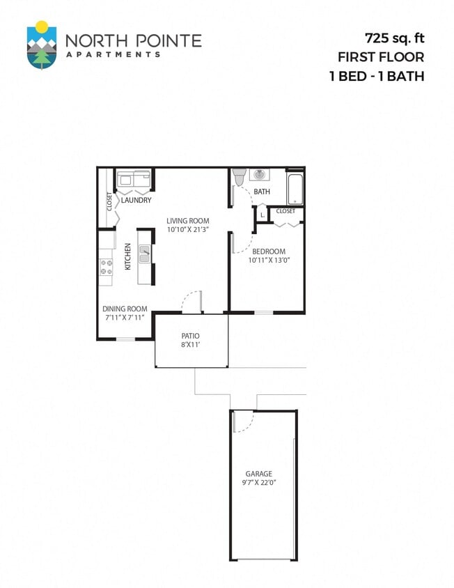 Floor Plan - 1 Bed, 1 Bath - 725 sq ft