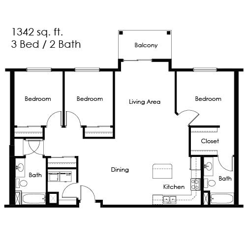 Floor Plan - 3 Bed / 2 Bath 1342 sq ft 2nd/3rd Floor