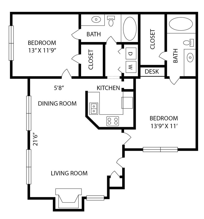 Floor Plan - 2 Bedroom 2 Bath – Style B3