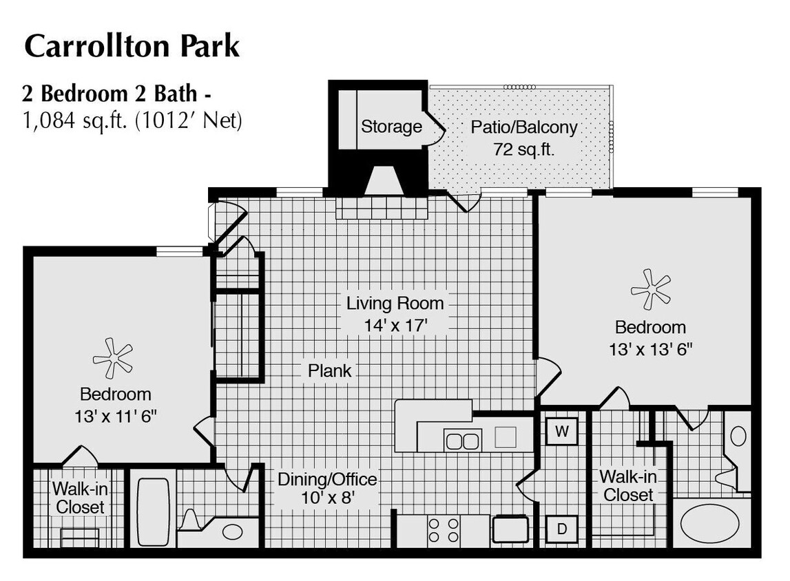 Floor Plan - 2 Bed 2 Bath 1084 SqFt (1012 Net)