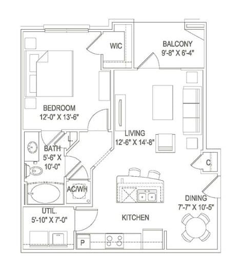 Floor Plan - 1BR 1BA (767 SF)